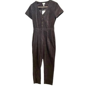 MO Vint dark charcoal, gray wide whale corduroy snap front short sleeve jumpsuit
